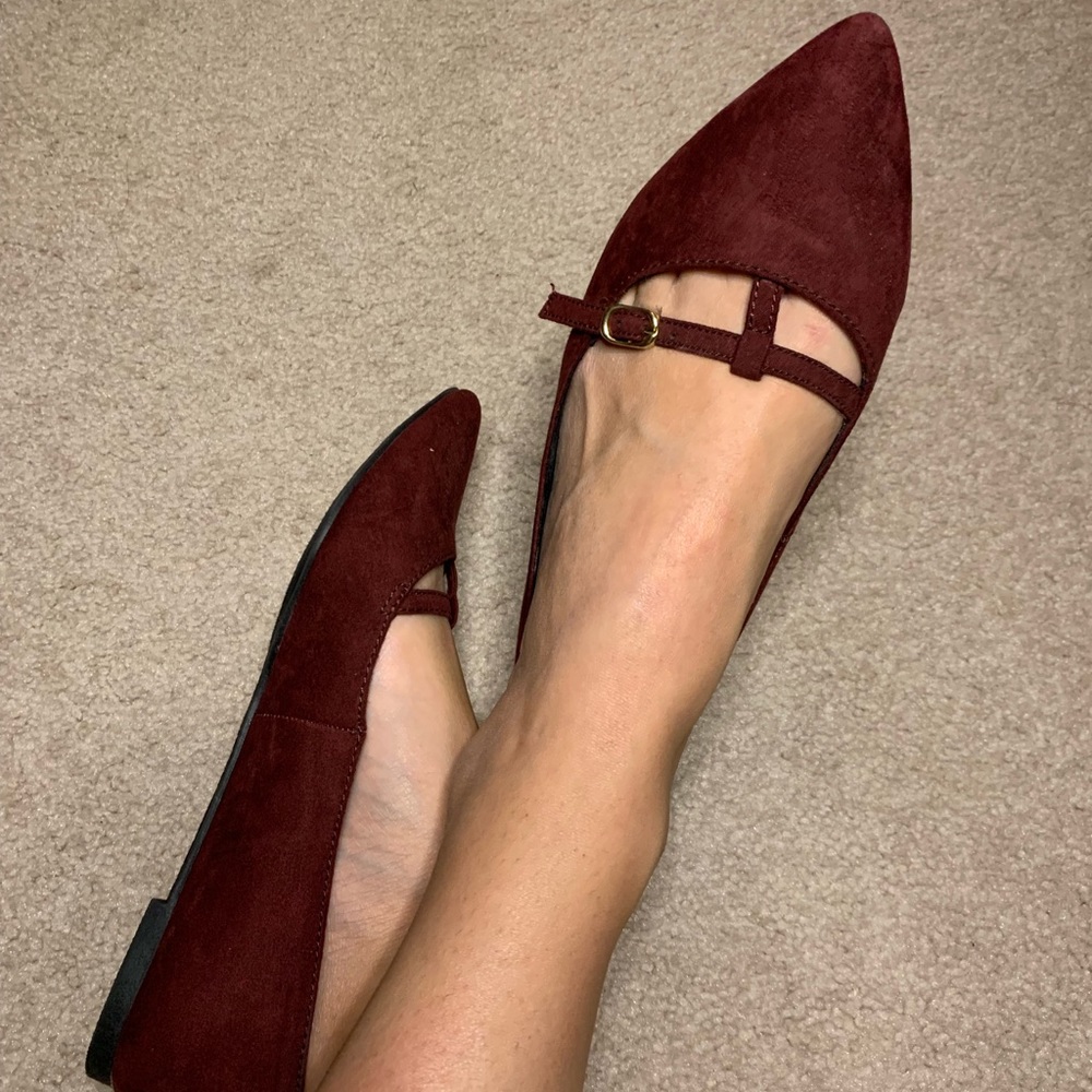 Maroon faux suede flats, buckle strap
